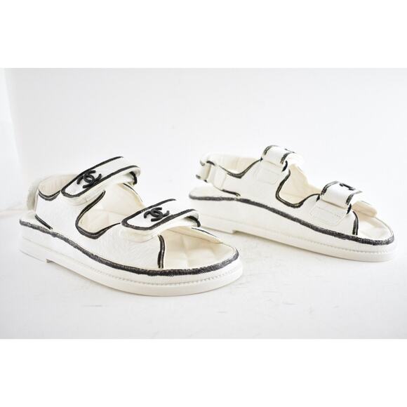 Chanel 22C White Black Graffiti CC Logo Mule Slide Strap Flat Dad Sandal 39.5 - Picture 5 of 12